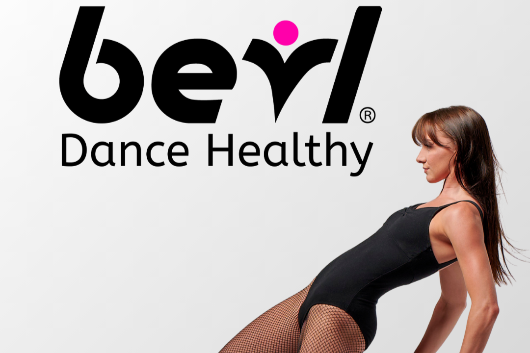 Woman in a black bodysuit with 'bevl Dance Healthy' logo on a white background